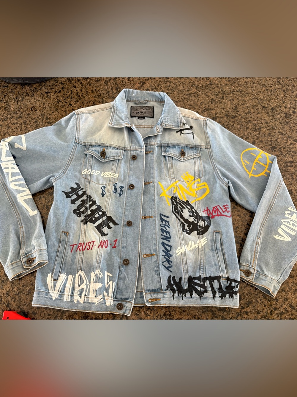 Brooklyn Cloth Graffiti "Trust No-1" Denim Jacket, featuring a light blue wash L